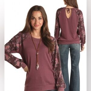 Panhandle Ladies Tie Back Floral Sleeve Dolman Thermal Shirt Size M New